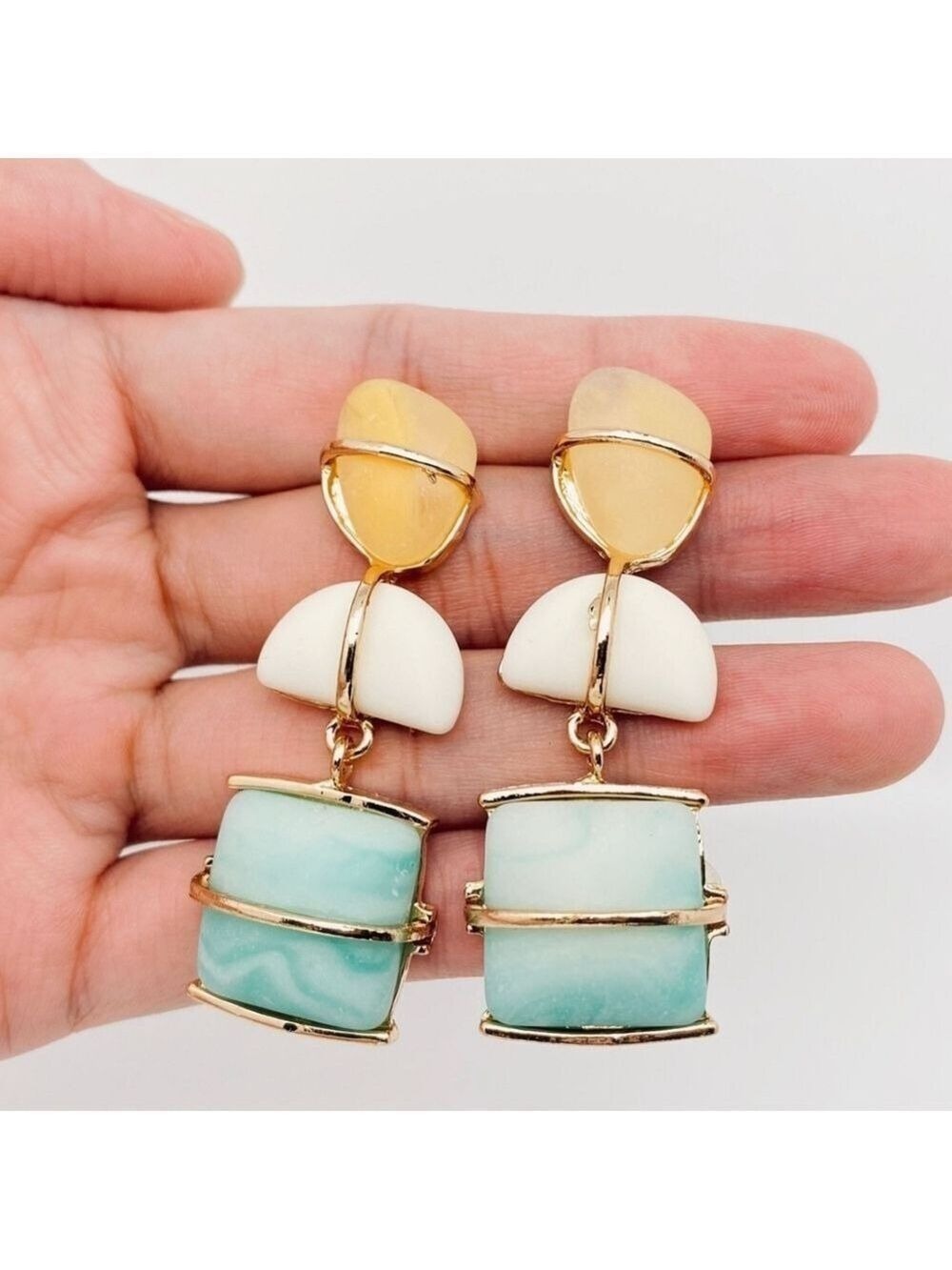 Gold Geometric Earrings Resin  Stones Bohemian Designed